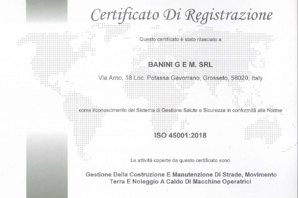 Certificato ISO 45001:2018 per Banini G. e M. srl