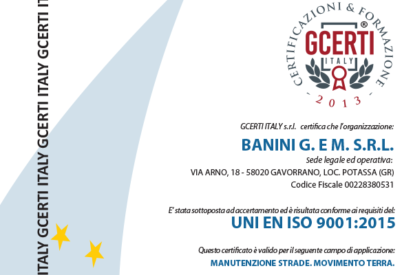 UNI EN ISO 9001:2015 per Banini G. e M. srl